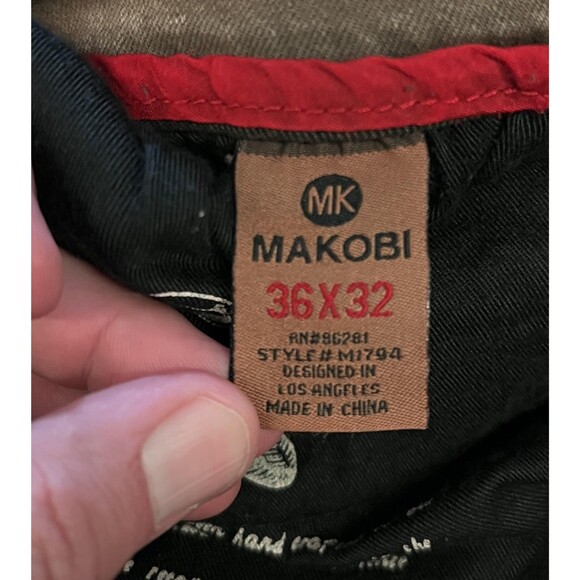 Makobi Jeans Mens 36x32 Olive Green Distressed Moto Zipper Pockets Style M1794 - Picture 12 of 13